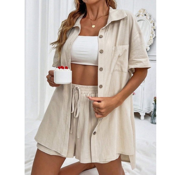 2 Piece Set: Beige Button Down Shirt and Shorts - Picture 3 of 7